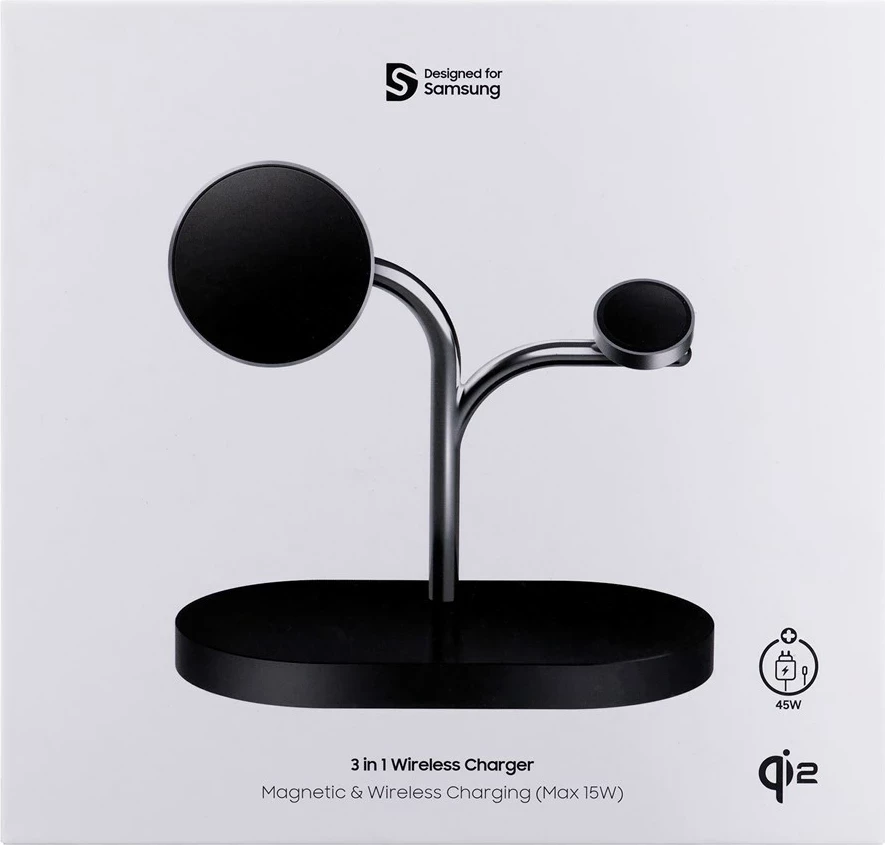 Karikues wireless Samsung GP-PWU024WIABW, për smartwatch, celular, kufje, 15W, USB Type-C, zi/argjendtë