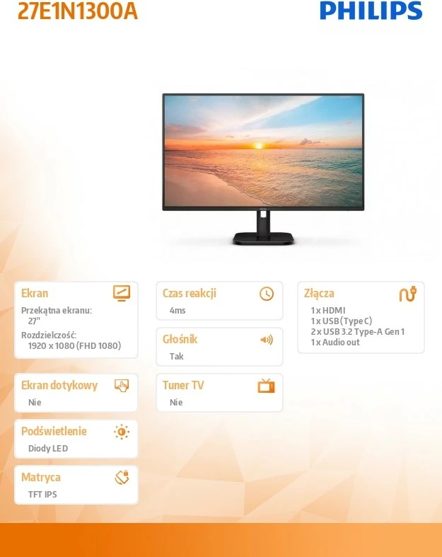 Monitor Philips 27E1N1300A, 27", IPS, 100Hz, Full HD, USB-C, HDMI, Altoparlantë, Zi