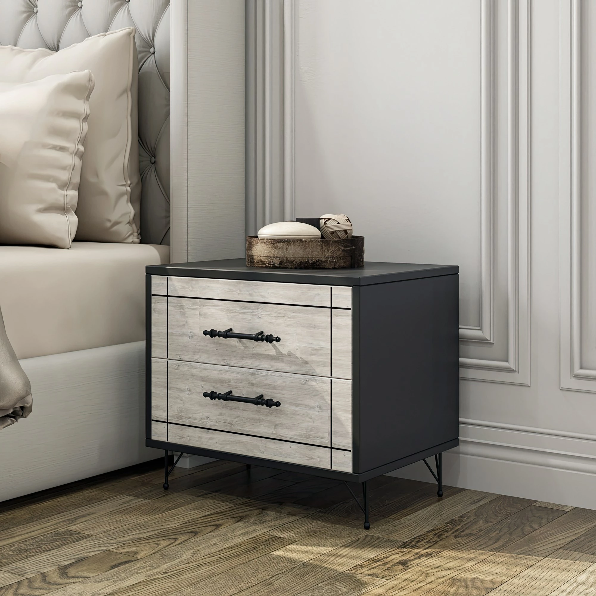 Komodinë nate Hanah Home, gri e çelët, dy sirtarë