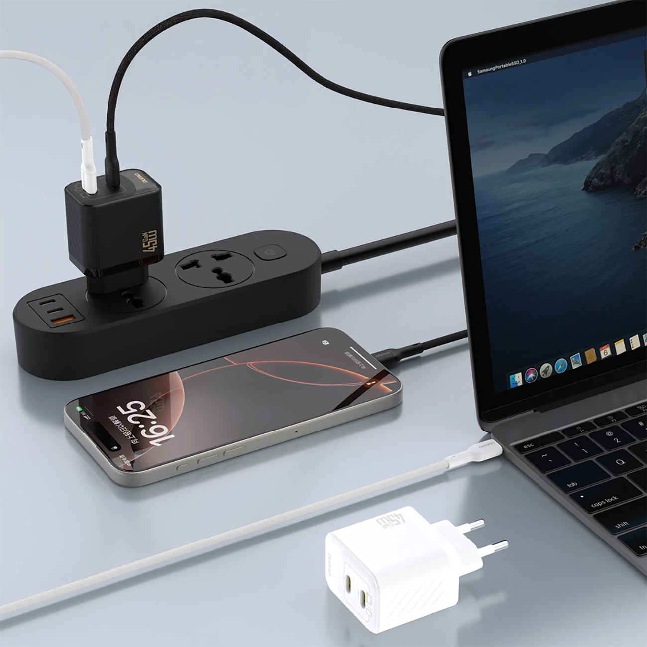 Karikues muri, Dudao A28PCEU, GaN PD 45W 2x USB-C, kabllo USB-C 1m, e zezë