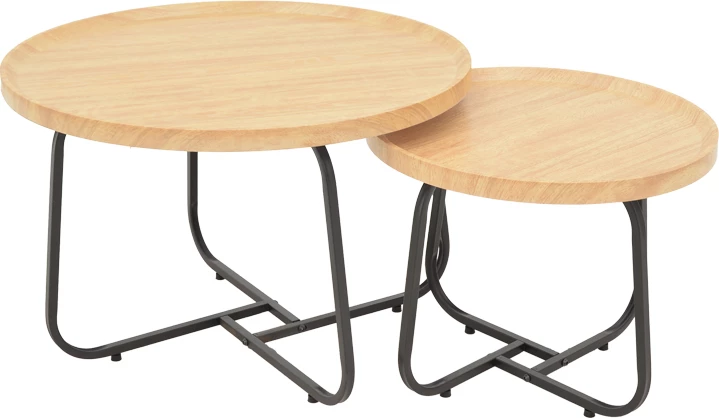 Set tavolinash kafeje Crismory, 2 copë, MDF, ngjyrë natyrale dhe këmbë metali të zeza