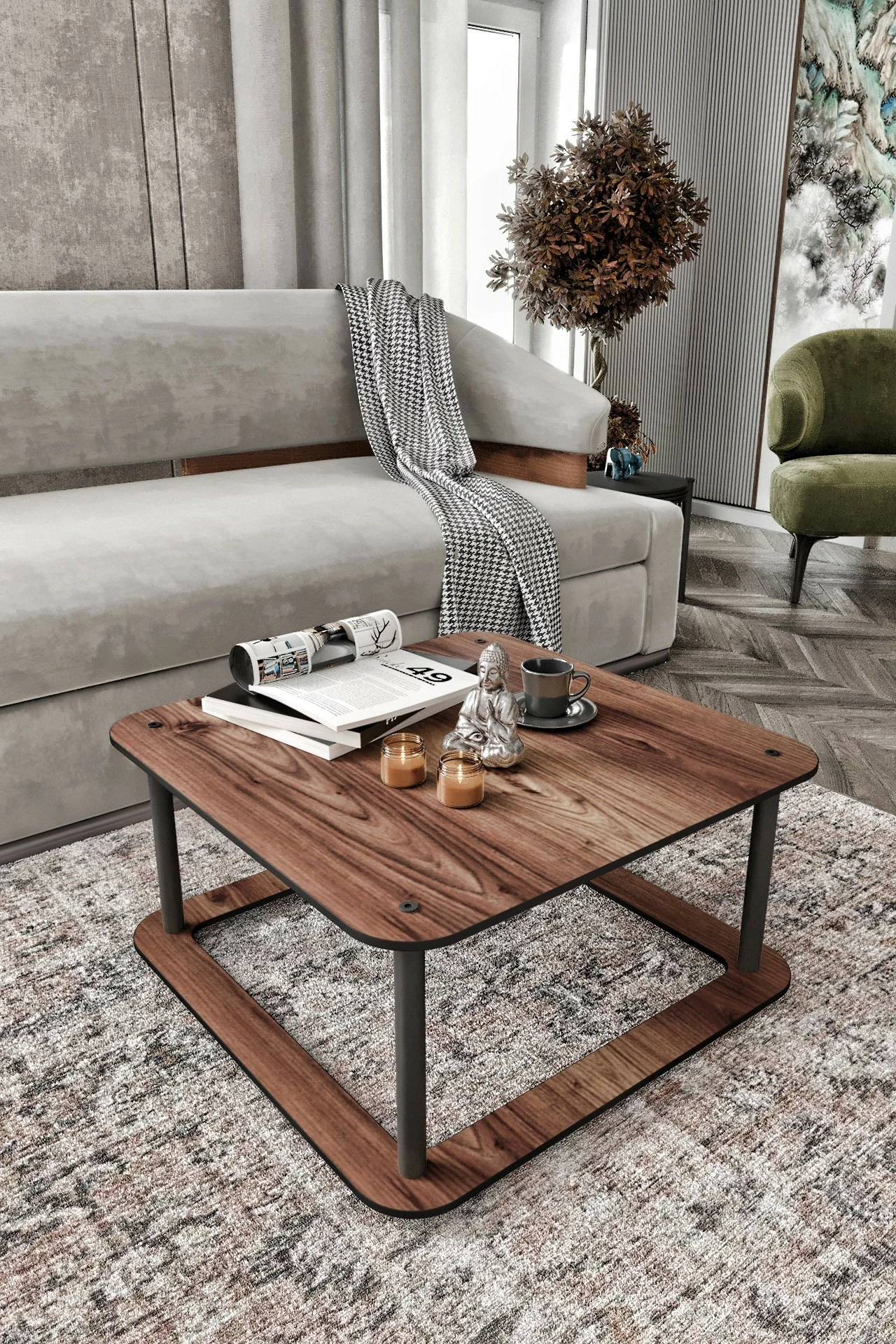 Tavolinë kafeje Skye Decor, katrore me vrima, ngjyrë arre