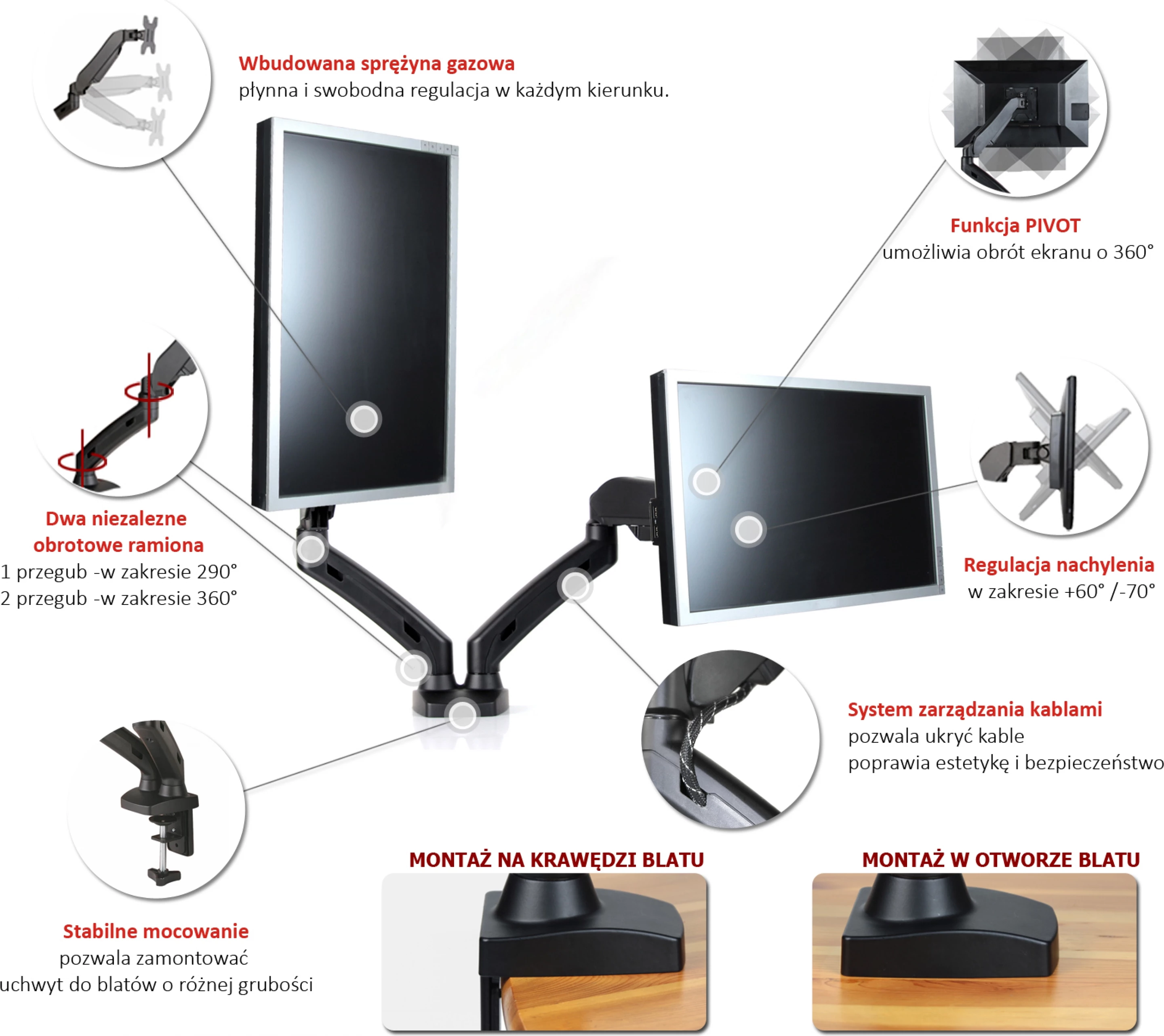 Mbajtës tavoline për 2 monitorë Art L-13GD 13\"-27\" VESA 75x75/100x100 me gaz-spring, i zi