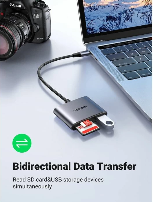 Lexues kartelash USB-C UGREEN 80798 3-në-1 SD/microSD + USB-A, 5Gbps, gri