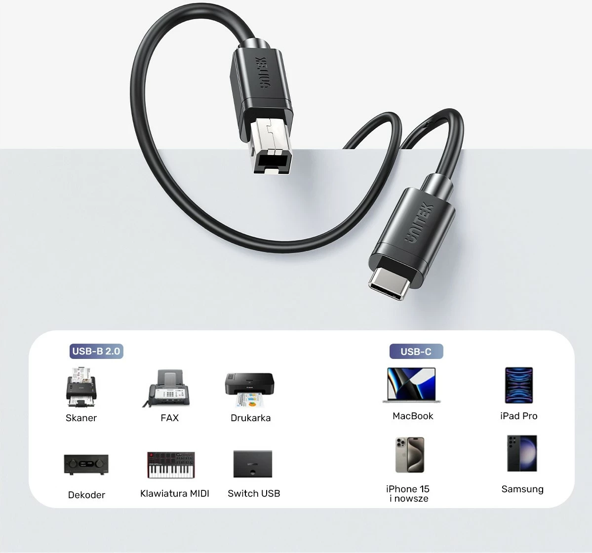 Kabëll Unitek, USB-C në USB-B 2.0, 5m, i zi