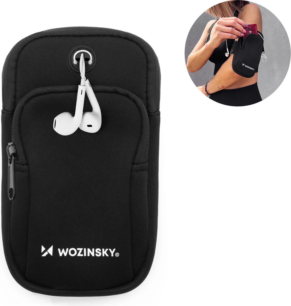 Brez krahu për telefon, Wozinsky, WABBK1, përshtatje për celularë deri 6.7 inç (78 x 162 x 14 mm), 2 x xhepa, rrip elastik me shirit ngjitës 18–40 cm, material lycra i papërshkueshëm nga uji, i zi