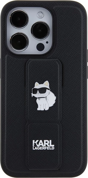 Mbështjellës Karl Lagerfeld Gripstand Saffiano Choupette Pins për iPhone 15 Pro, i zi