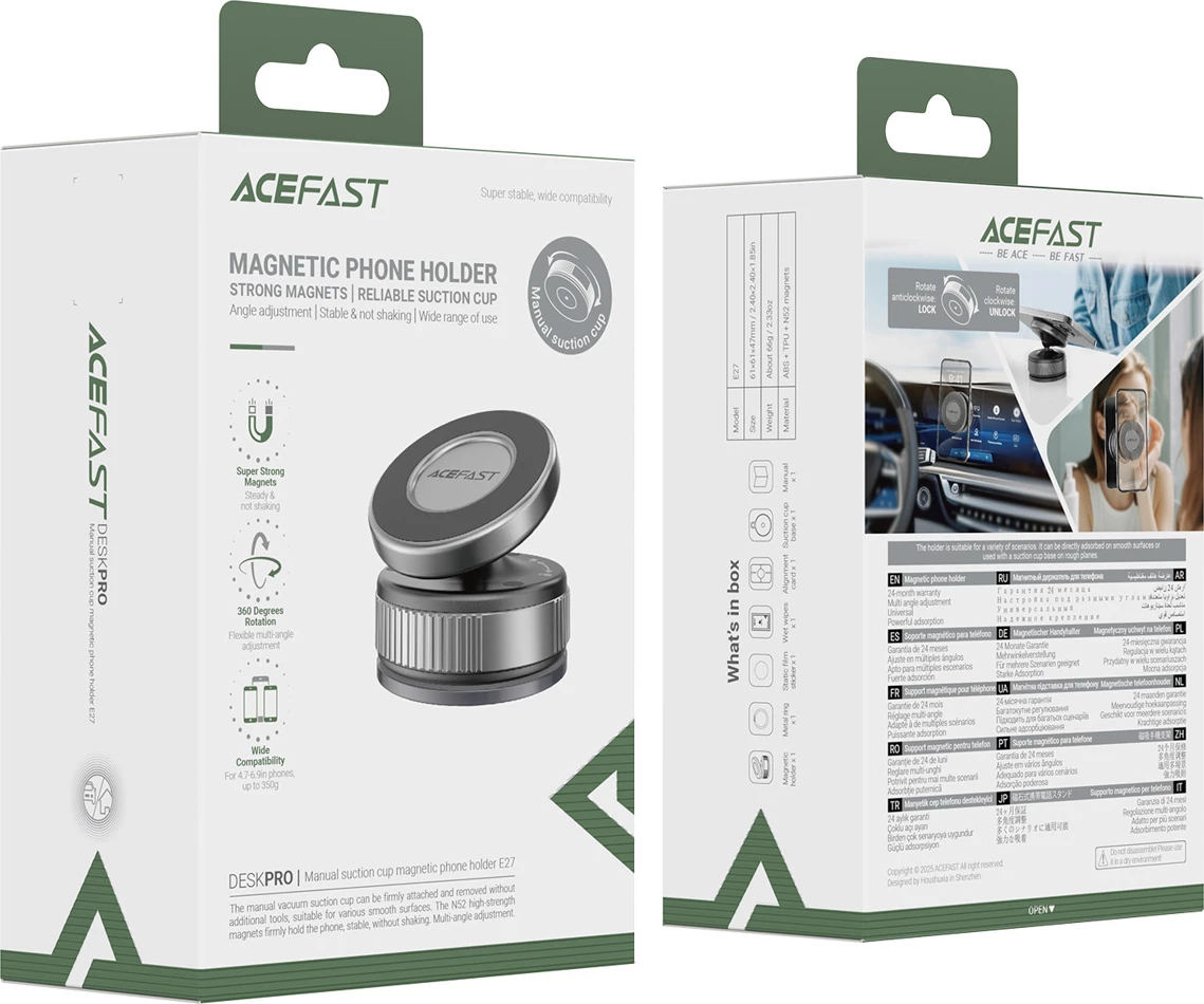 Mbajtës magnetik për celular Acefast E27, kupë thithëse për dashboard/xham, rrotullim 360°, i zi