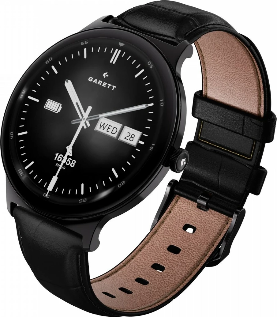 Smartwatch Garett Quantum AMOLED 1.43\" Bluetooth IP68, zi, set me byzylyk çelik + rrip lëkure i zi + dokë karikimi USB