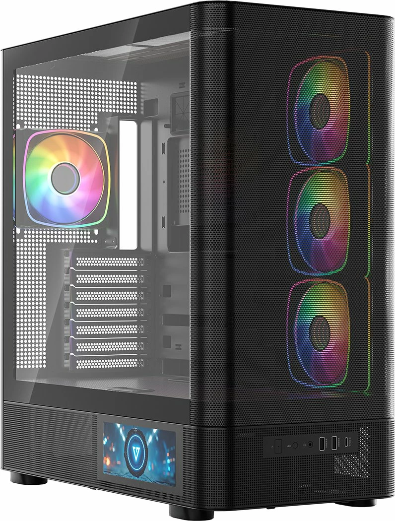 Kasë Modecom Volcano AQ400 ARGB (MC-A-AQ400-4FA-B) Midi Tower ATX/mATX/ITX, ekran LCD, 4x120mm ARGB, USB-C, e zezë