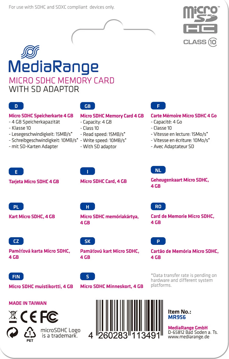 Kartelë memorie microSDHC MediaRange MR956, 4GB, Class 10, me adapter SD, e zezë
