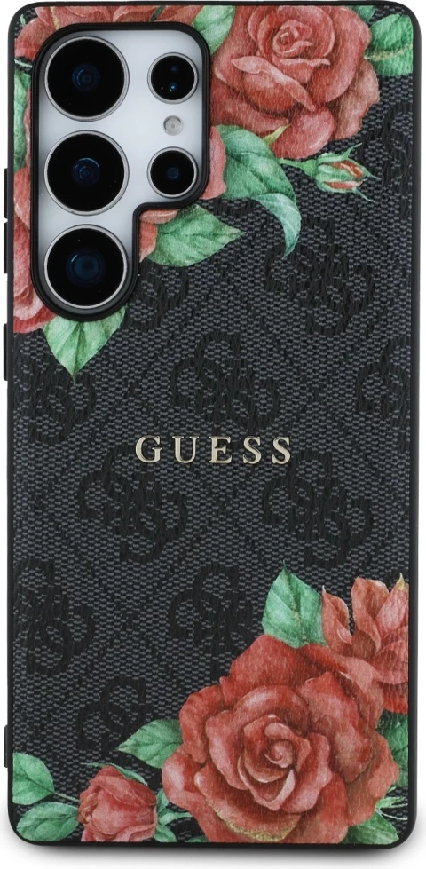 Mbështjellës Guess Leather 4G Flowers Print Metal Classic Logo MagSafe për Samsung Galaxy S25 Ultra, Zi