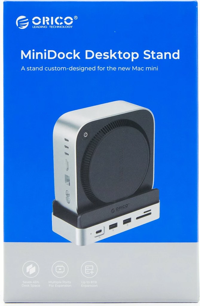Docking station Orico MiniDock për Mac Mini M4, USB-C 10Gbps, me strehë M.2 NVMe/NGFF, HDMI 4K@60Hz, LAN, SD/microSD, PD 100W, vertikale, silver