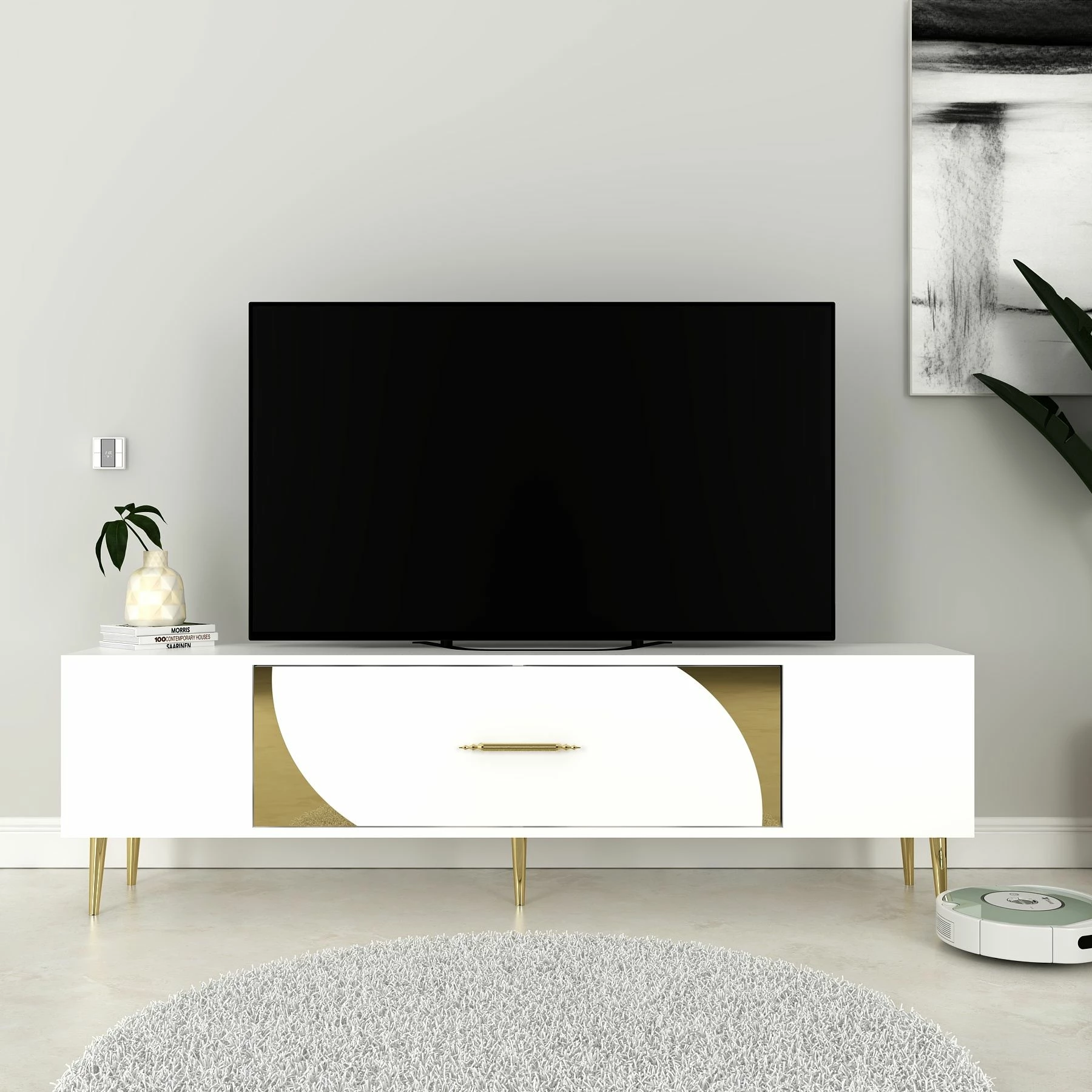 Komodë për TV, Skye Decor, e bardhë dhe ari, Dekop2