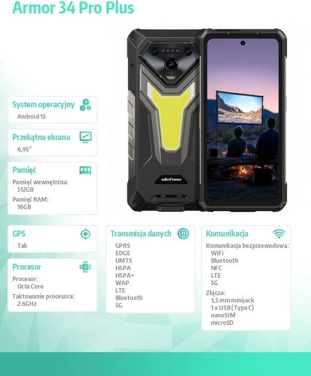Celular Ulefone Armor 34 Pro Plus 5G 16/512GB, projektor DLP 150 lm, bateri 25500 mAh, i zi