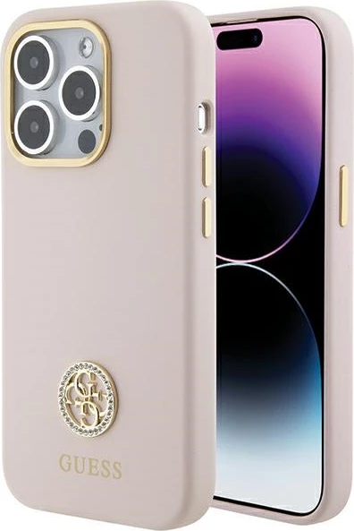 Mbështjellës Guess Silicone Logo Strass 4G për iPhone 15 Pro, rozë e çelët
