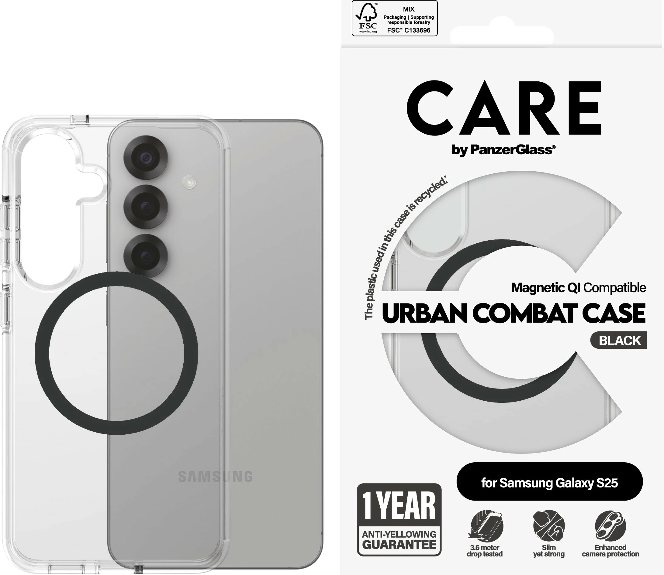 Mbështjellës PanzerGlass CARE Flagship Case, për Samsung Galaxy S25, transparent me detaje të zeza, QI compatible