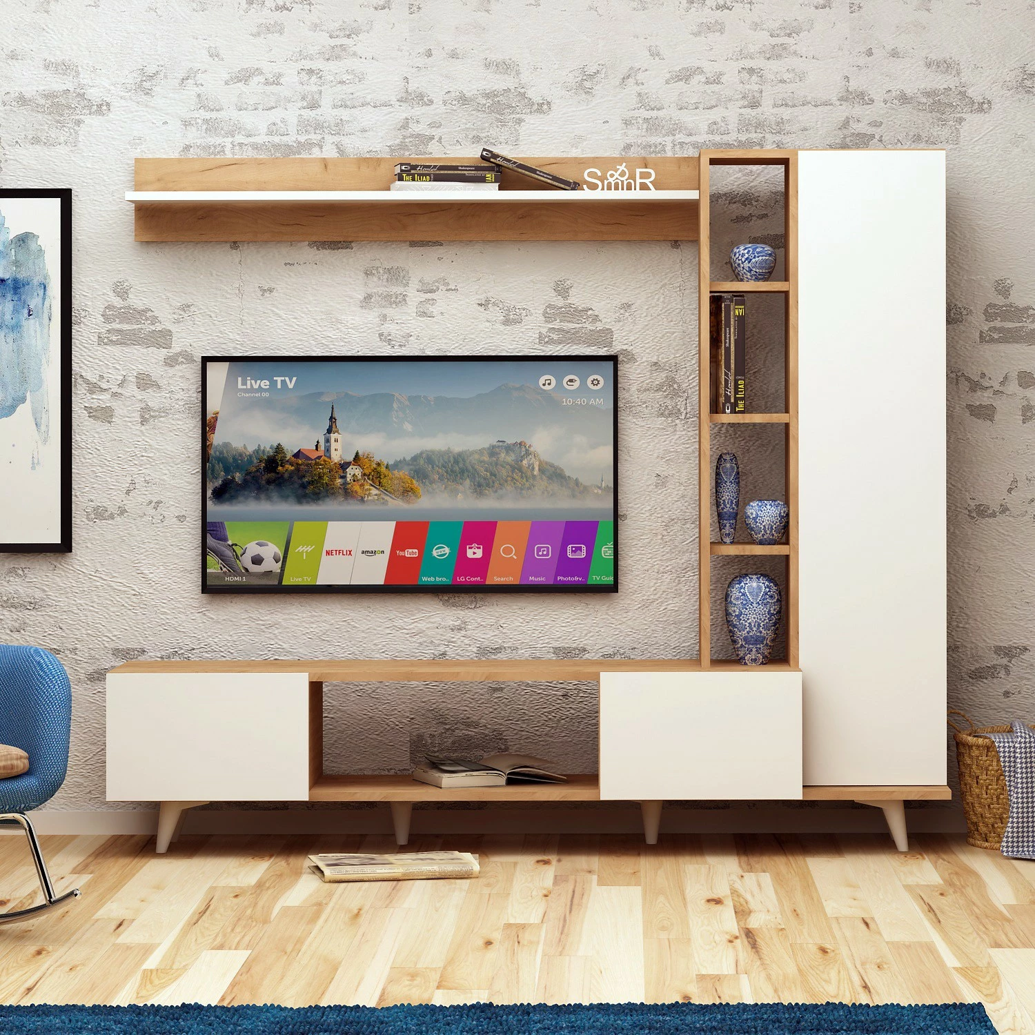 Njësi TV Skye Decor, rambuty, ngjyrë lis dhe e bardhë