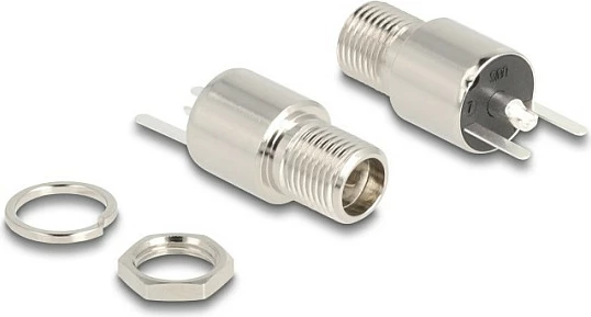 Konektor DC femër DeLOCK 5.5 x 2.5 mm, panel mount (bulkhead), për saldim, 20V/9A, argjendtë