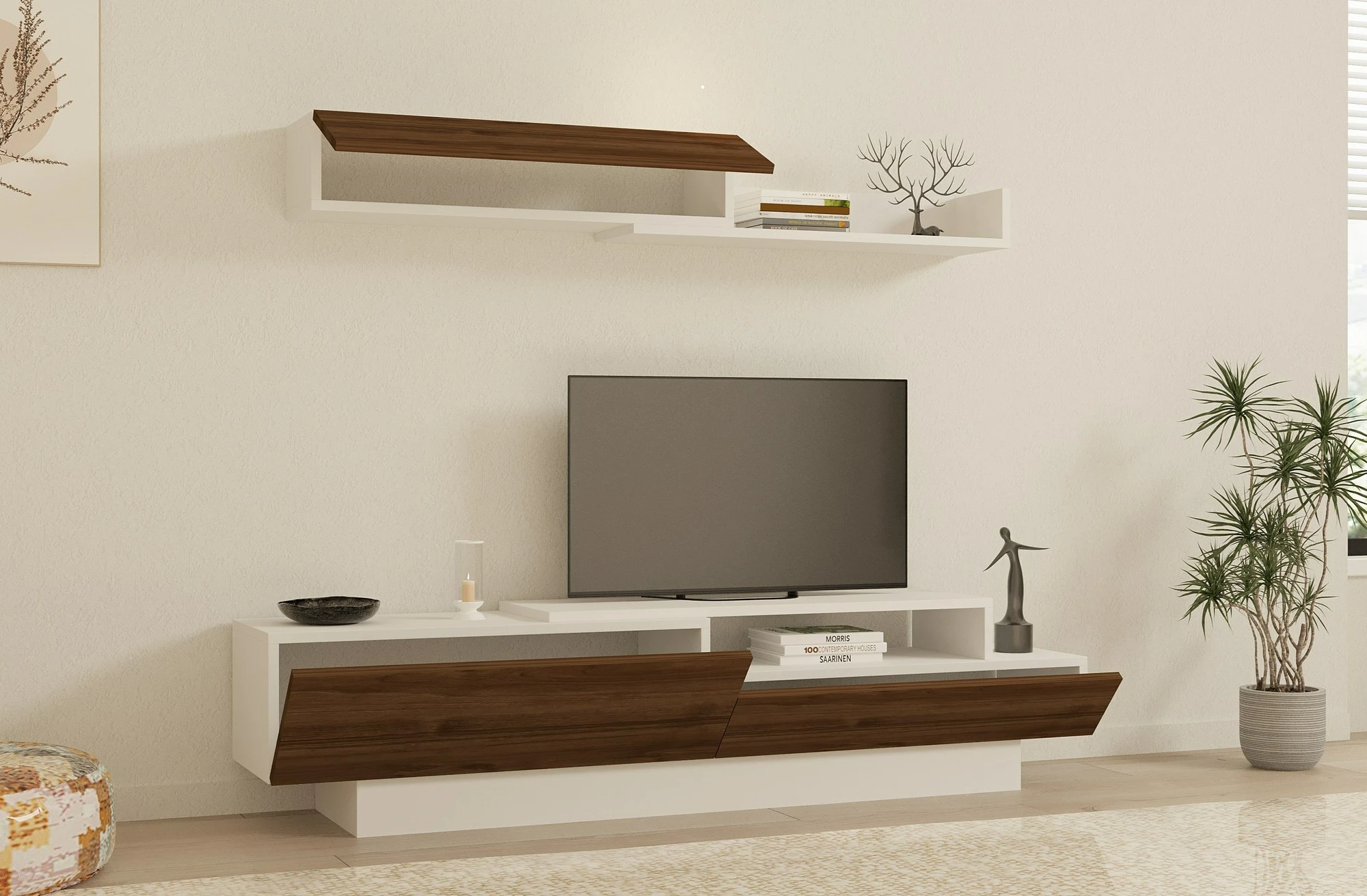 Komodë TV Hanah Home, Elda, e bardhë dhe arre