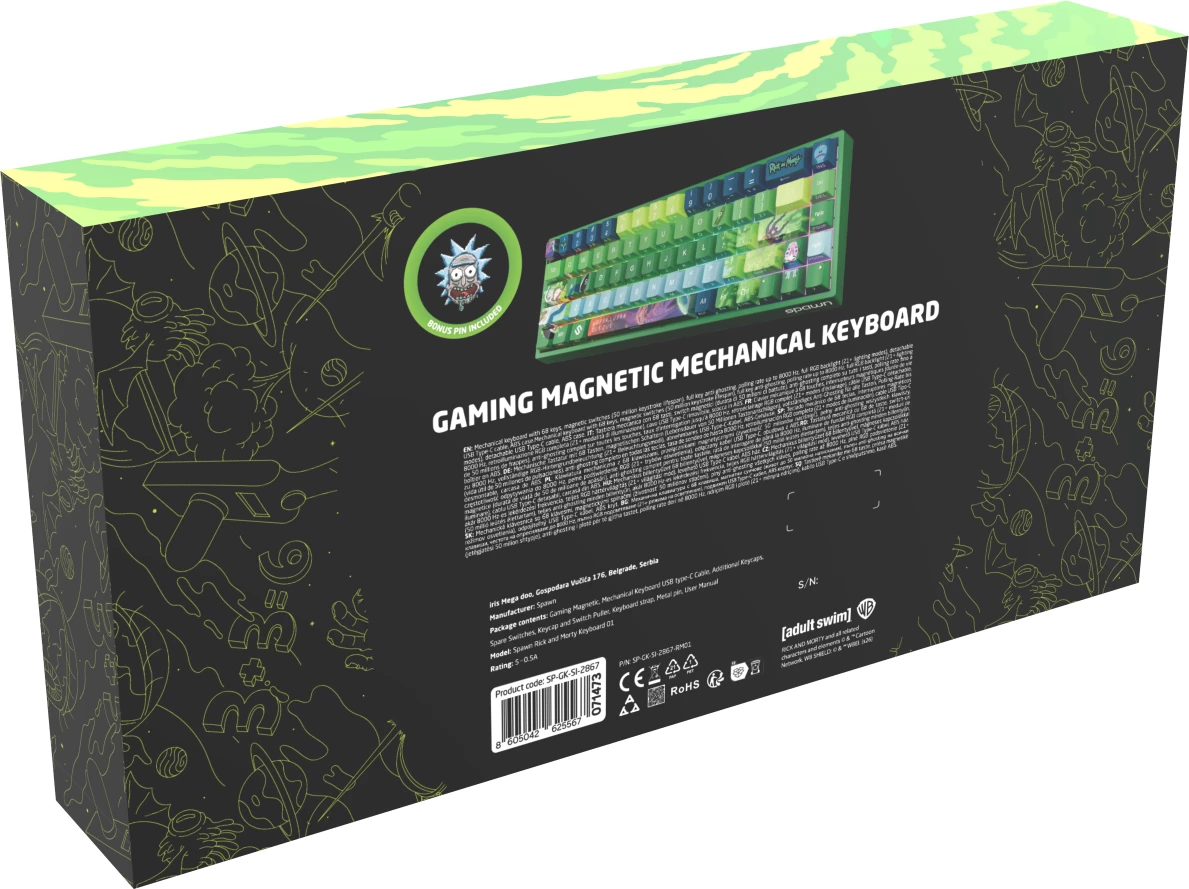 Tastierë gaming mekanike Spawn Rick and Morty, 68 taste, RGB, USB-C, anti-ghosting, shumëngjyrëshe