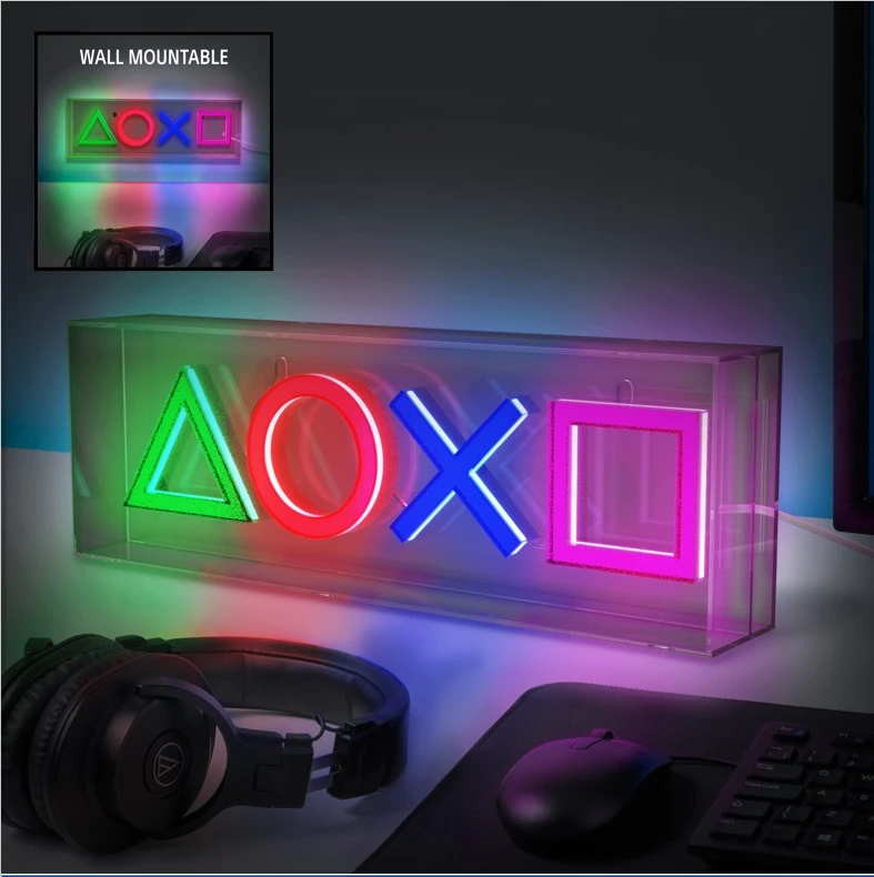 Lampë LED neon Paladone PlayStation, 30.5 x 15.5 cm, USB, shumëngjyrëshe