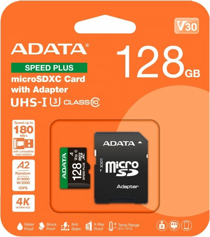 Kartë memorie microSD Adata Speed Plus 128GB, UHS-I U3 V30 A2, me adapter, e zezë