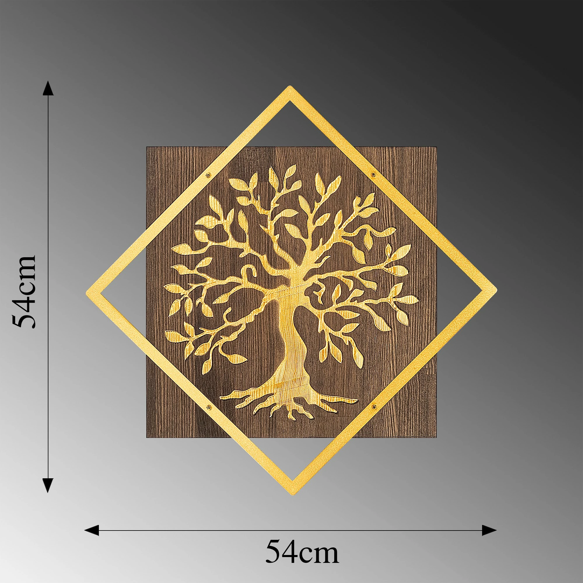 Aksesor dekorativ për mur, dru dhe metal, pemë, ngjyrë arre dhe ari, Wallity, 54x54cm