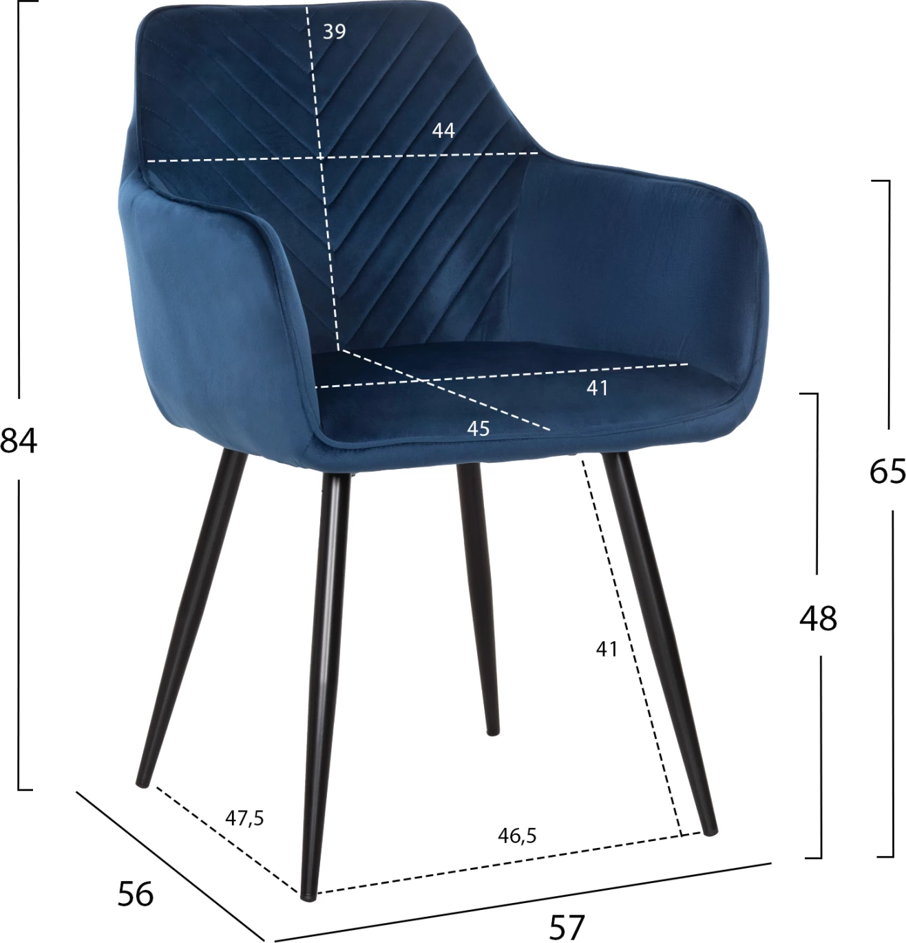 Karrige për ngrënie, kadife blu, këmbë metali të zeza, 57x56x84H cm