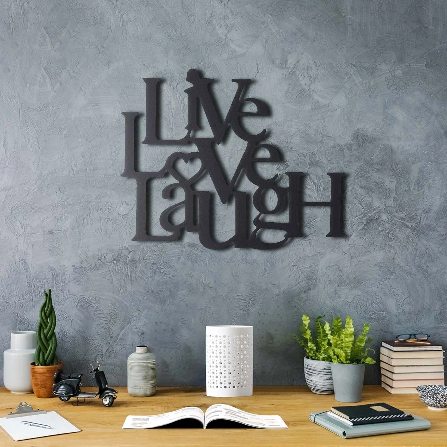 Aksesor dekorativ metalik për mur, Wallity, Live Love Laugh, ngjyrë e zezë, 40x49cm