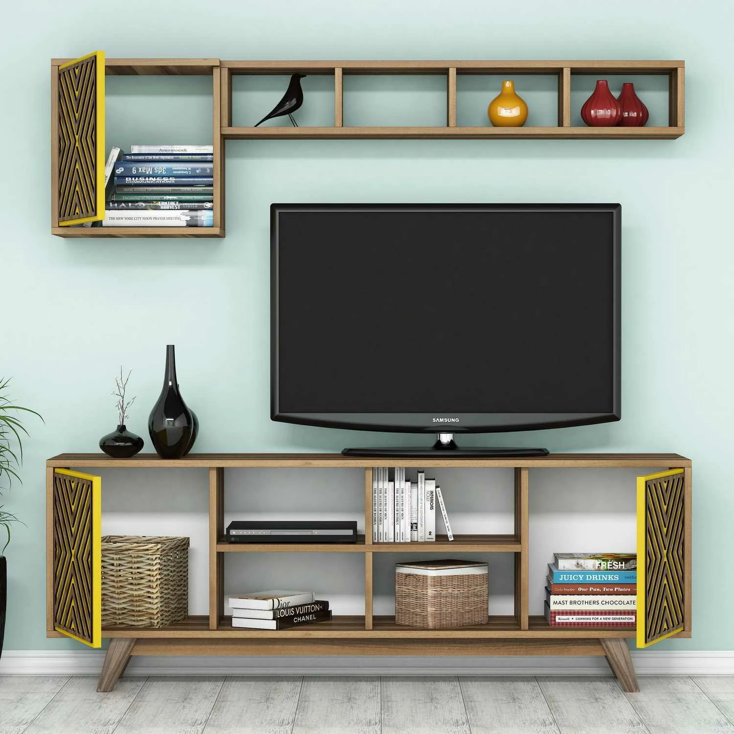 Komodë TV Hanah Home, ngjyrë arre dhe e verdhë, dizajn bohemian