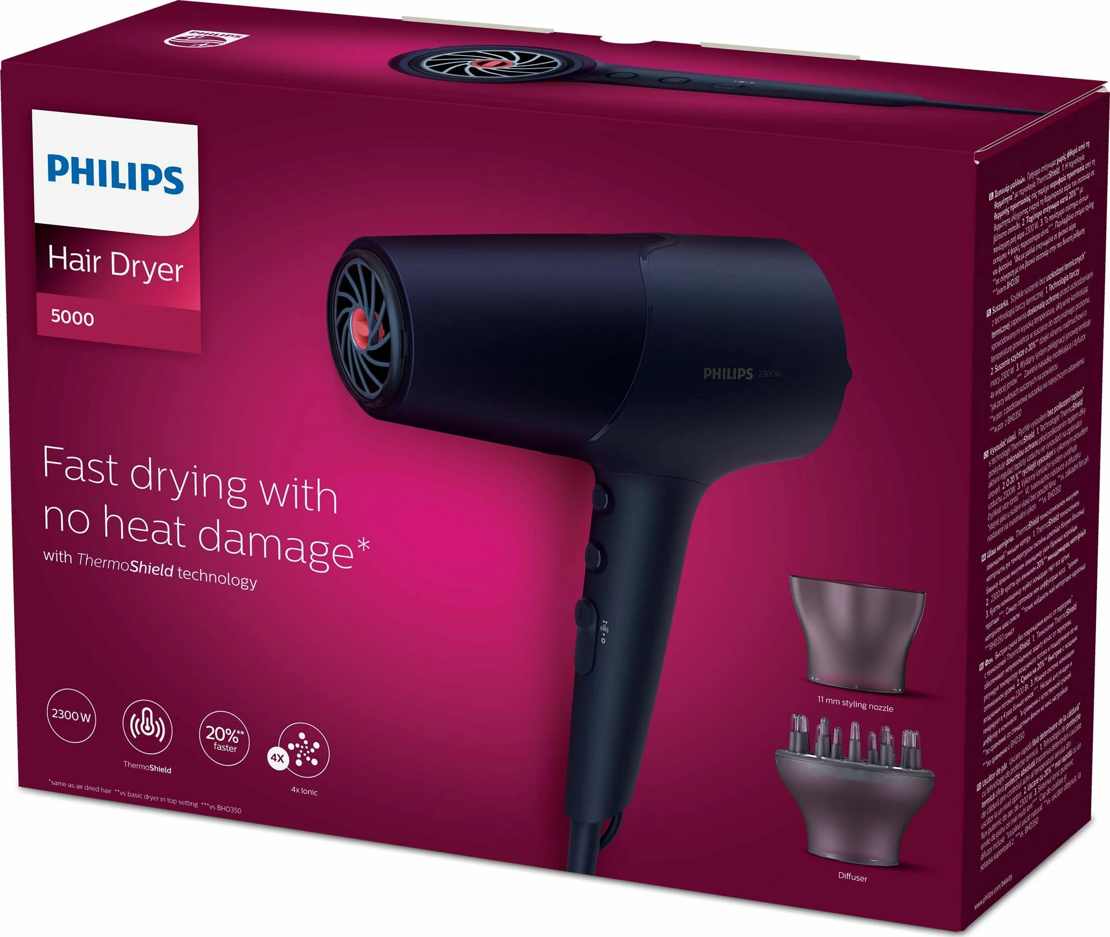 Tharëse flokësh Philips Series 5000 BHD510/00 2300W, ThermoShield, ionizim, 6 nivele, cold shot, blu, me difuzor dhe koncentrator