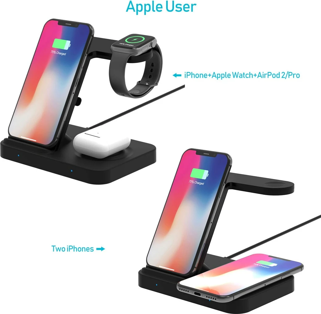 Stand për karikim Tech Time 3 in 1 wireless charger stand (for Smartphones,Smartwatch and TWS which support wireless cha