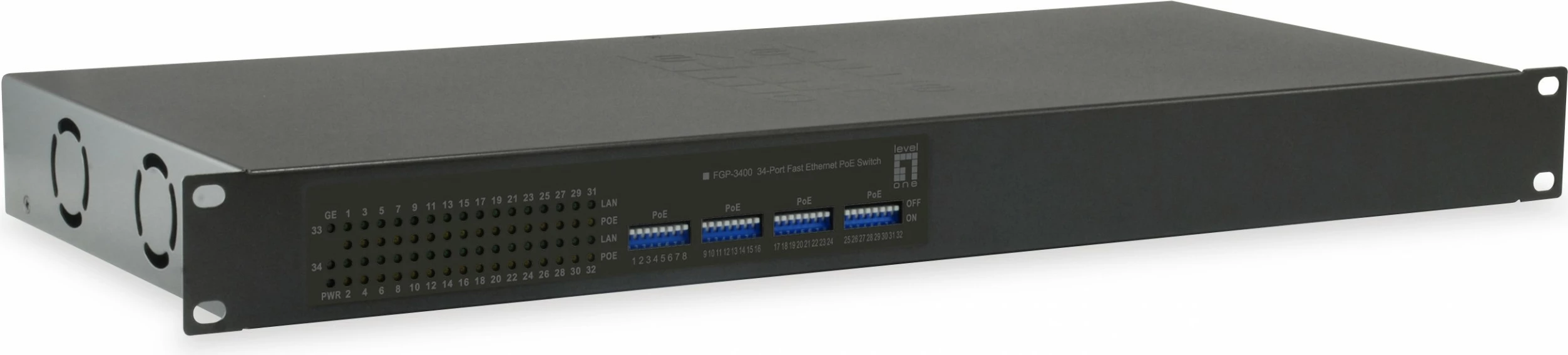 Switch LevelOne 34-Port Fast Ethernet PoE, 32 PoE Outputs, 2 x Gigabit RJ45, 250W, Rack mounting
