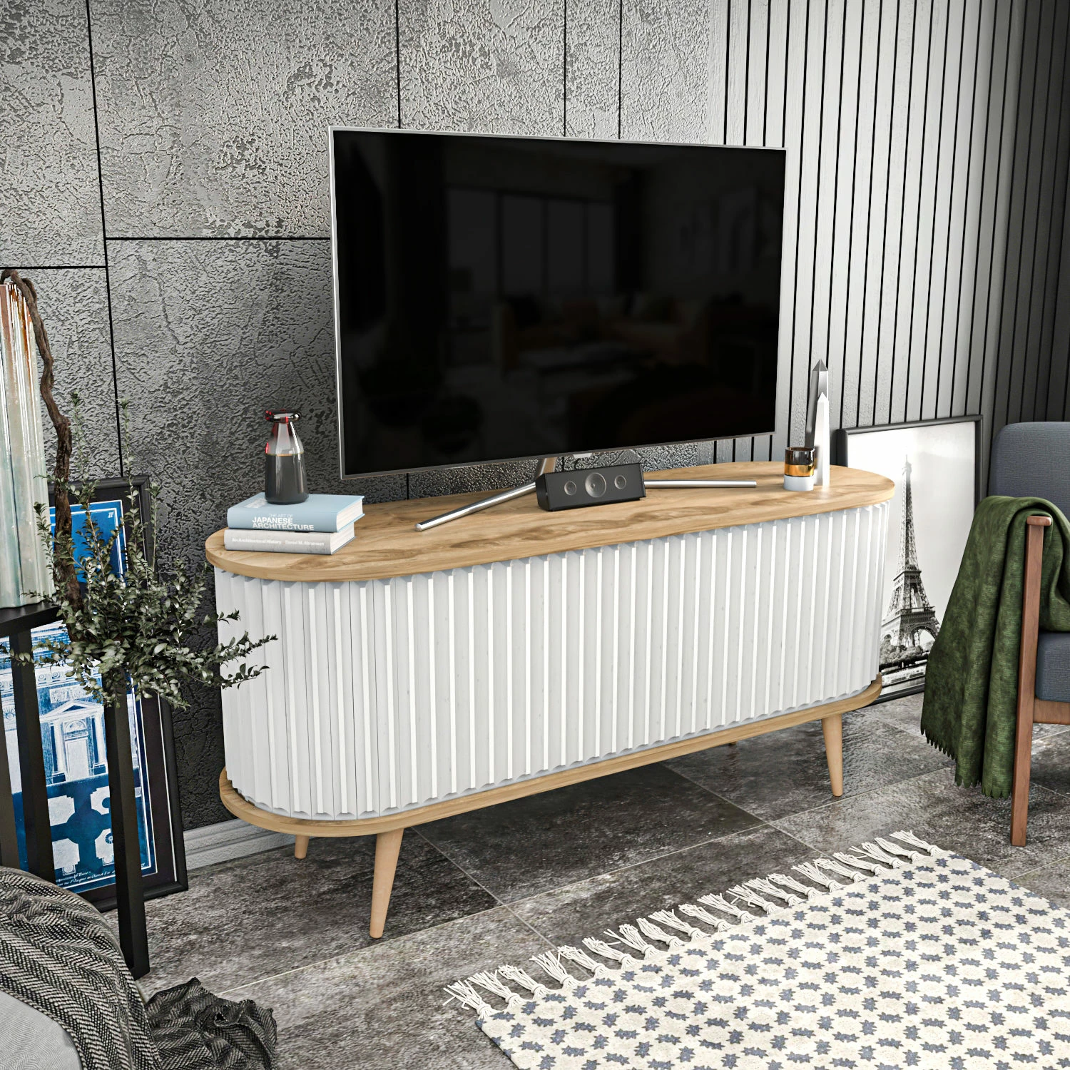Komodë TV Hanah Home, ngjyrë lisi Oud, e bardhë