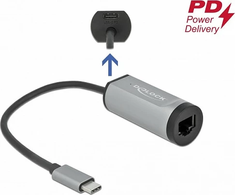 Adapter USB-C në Gigabit LAN DeLOCK, USB 3.2 Gen 2, Power Delivery 60W, i zi/gri