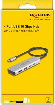 Hub USB DeLOCK, USB-C, 4 porta (2x USB-A + 2x USB-C), 10 Gbps, kabllo 35 cm, alumini, gri