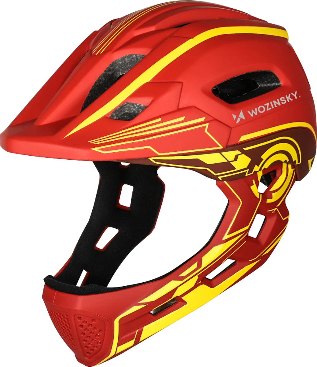 Helmetë biçiklete full-face për fëmijë, Wozinsky HT-27CZ, S (52-56 cm), LED USB, e kuqe-verdhë