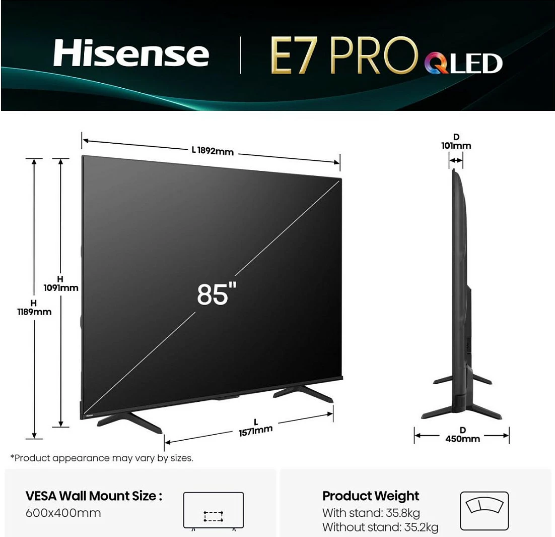 Televizor Smart TV Hisense 85E77Q PRO, 85", QLED 4K, 144Hz, Wi-Fi, i zi
