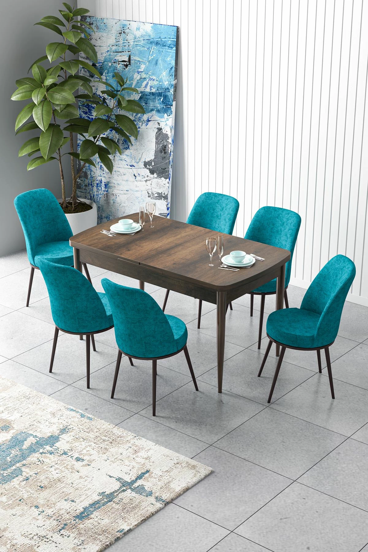 Tavolinë me karrige, zgjatshme, 7 copë, Skye Decor, ngjyrë barok dhe turquoise