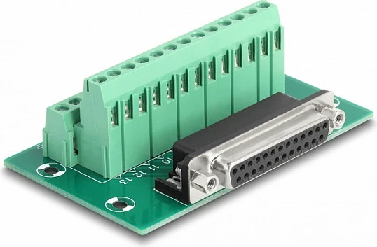 Adapter D-Sub DB25 femër DeLOCK në terminal bllok për shinë DIN, AWG 24-12, jeshile