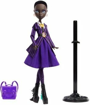 Kukull koleksionuese Mattel Monster High x Wednesday Bianca (JDR71) 28 cm, me çantë dhe stand, vjollcë/zezë