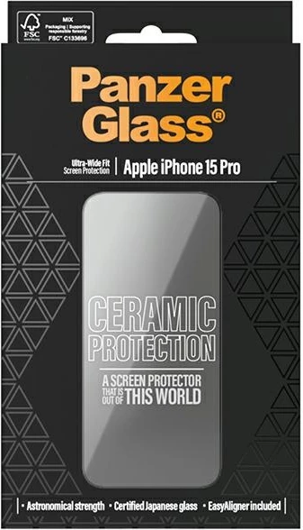 Mbrojtës ekrani qeramik PanzerGlass për iPhone 15 Pro me pozicionues, transparent