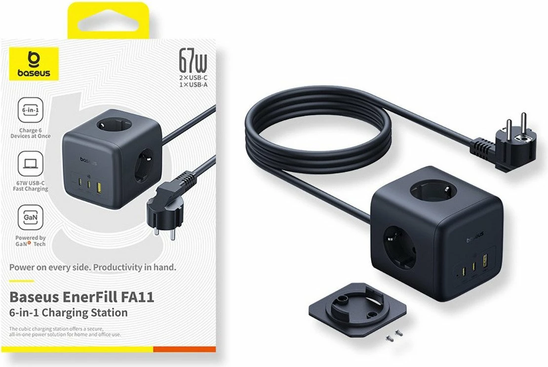 Zgjatues rryme Baseus EnerFill FA11 67W, 3 prizë Schuko + 2x USB-C + 1x USB-A, kabllo 1.5 m, i zi