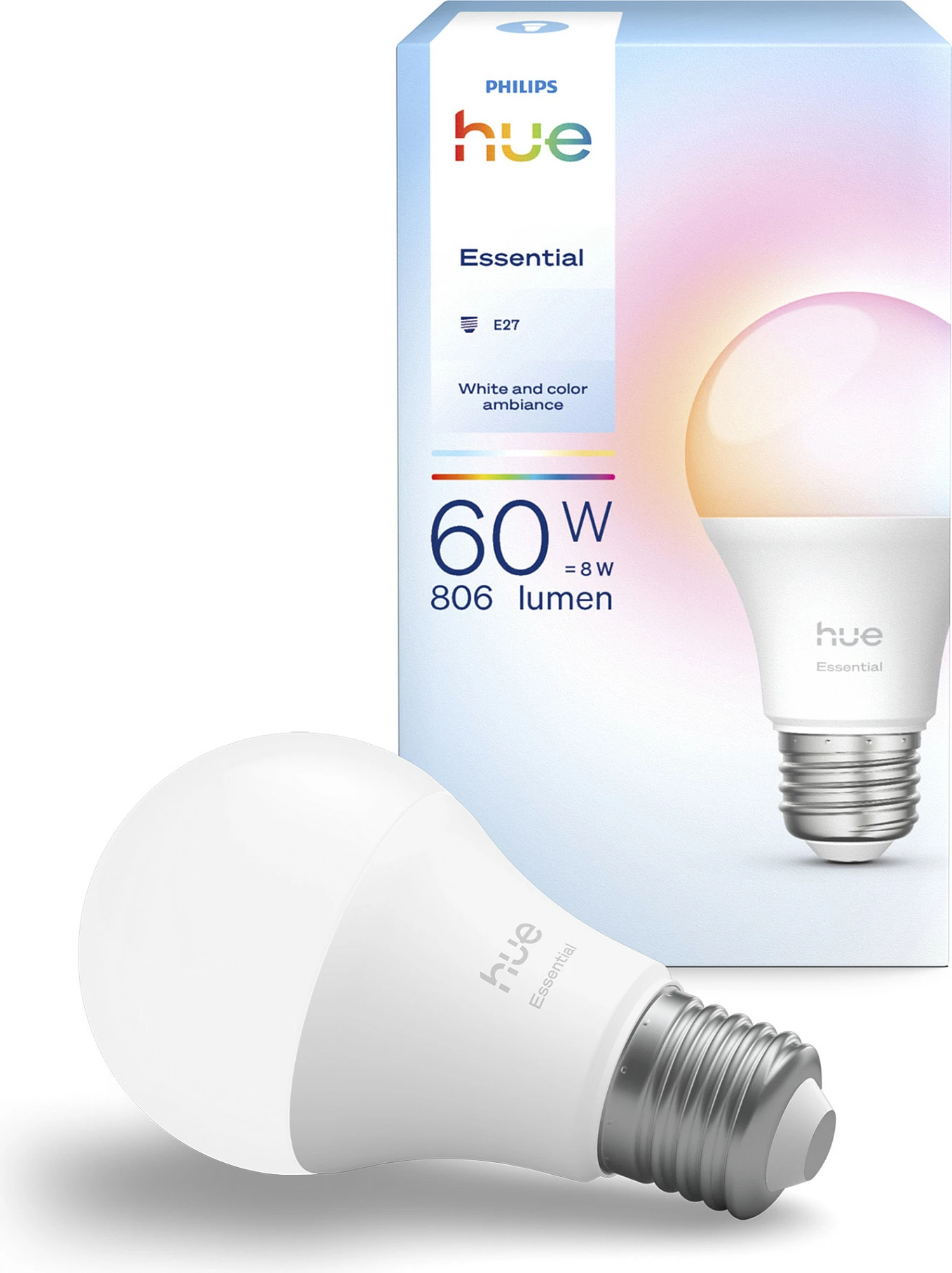 Llambë smart LED Philips Hue Essential A60 E27, 806 lm, 8W (60W eq), 16M ngjyra