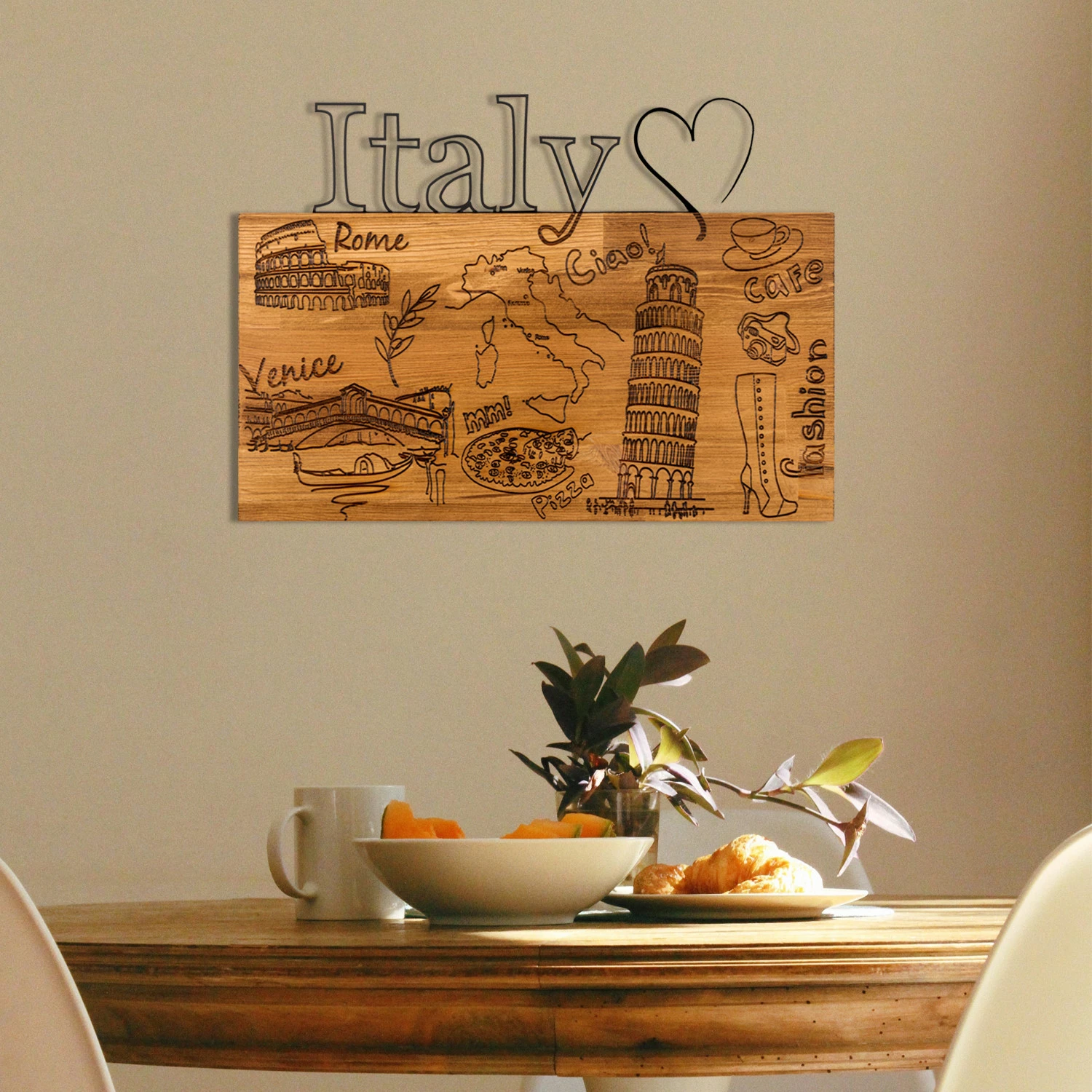 Aksesor dekorativ për mur, dru dhe metal, 'I Love You Italy', ngjyrë e zezë dhe arre, 58x41cm