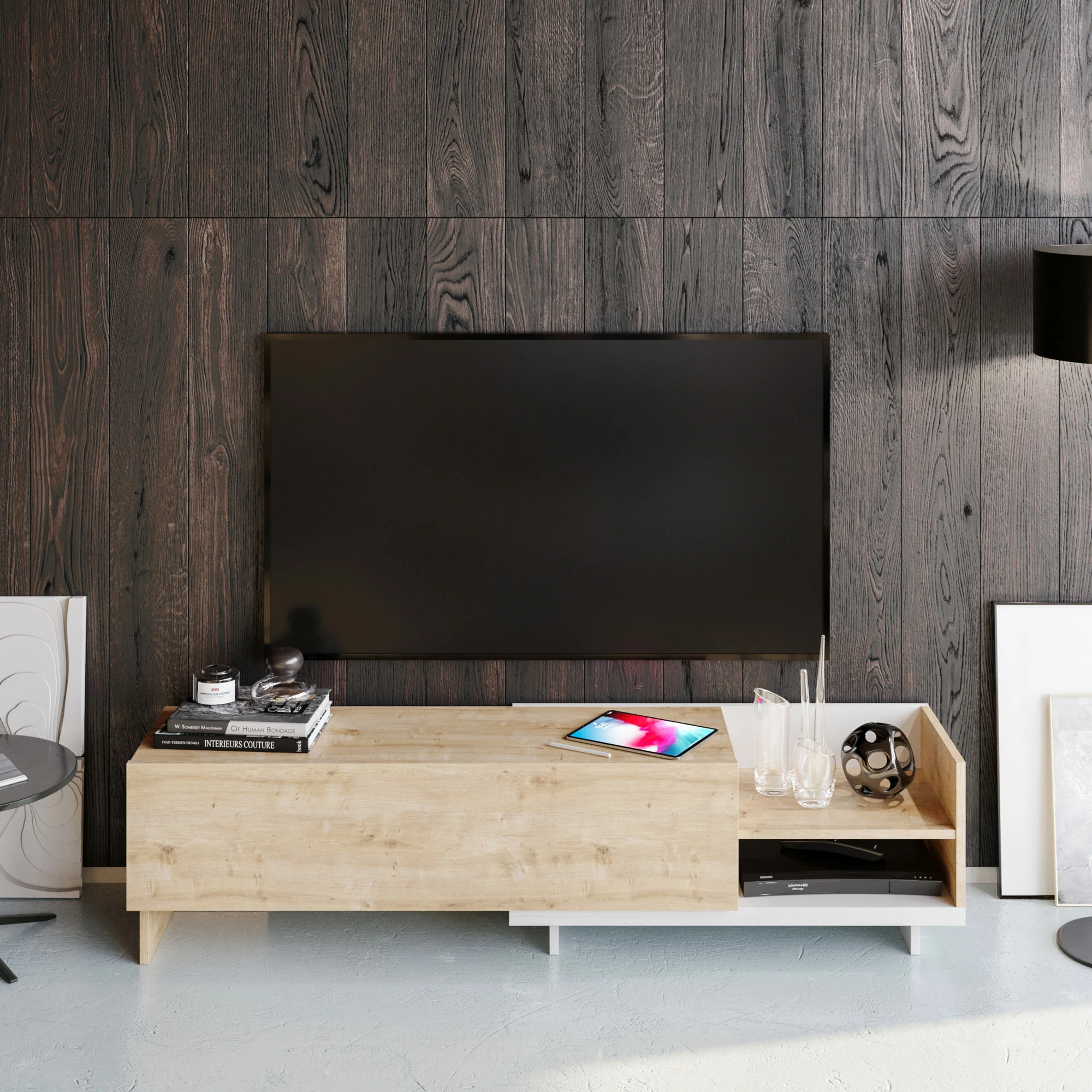 Komodë për TV Skye Decor, Parion, e bardhë dhe safir