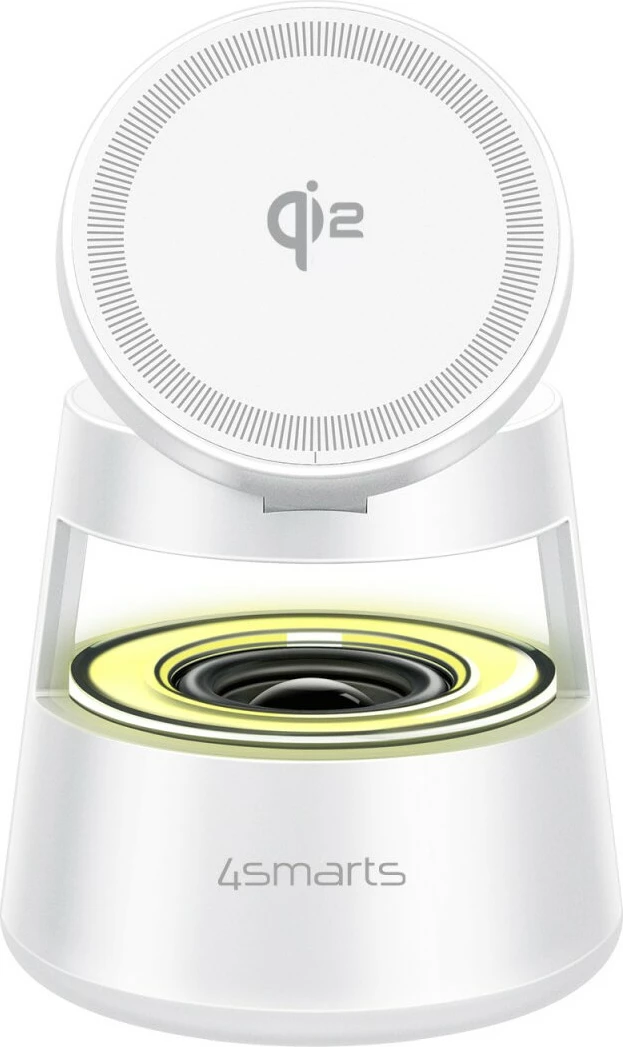 Karikues wireless me altoparlant 4smarts Aura Sound, Qi2, Bluetooth 5.1, 15W, i bardhë
