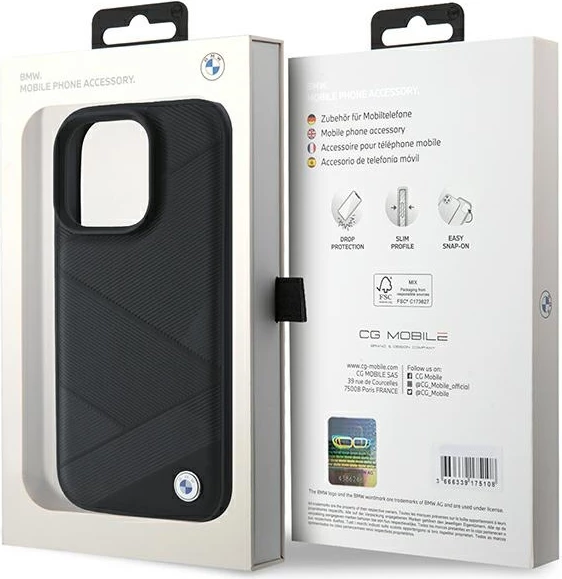 Mbështjellës BMW Leather Crossing Lines për iPhone 16 Pro, i zi