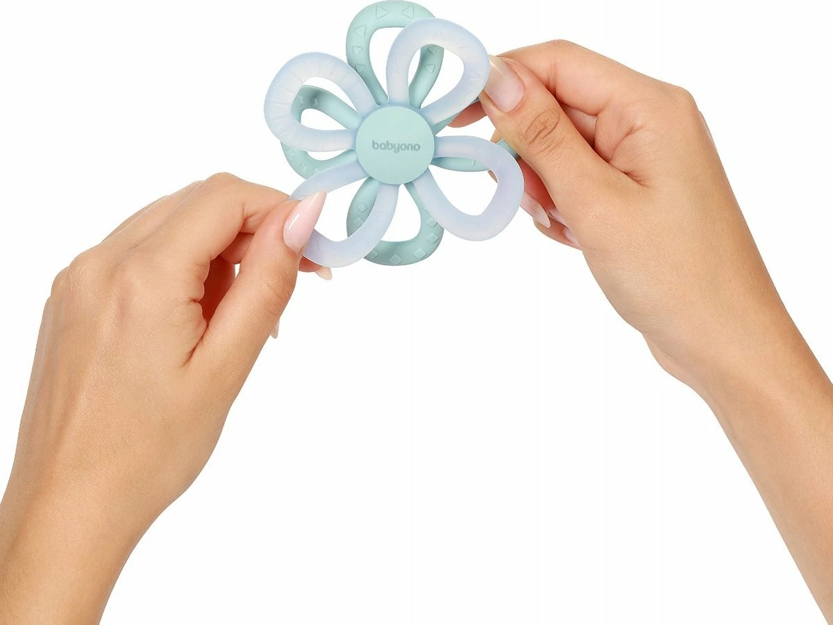 Lodër dhëmbëzimi silikoni BabyOno 1596/02 Flower 9×9 cm, blu/mentë